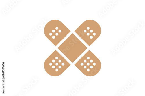 Two adhesive bandages are crossed forming an 'X' shape on a white background.