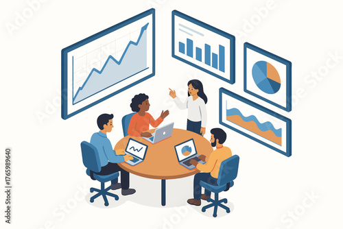 Diverse team analyzing graphs in office meeting room