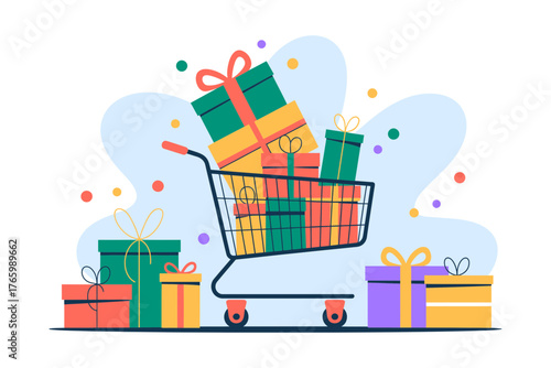 A shopping cart overflowing with colorful gift boxes represents consumerism and holiday shopping.