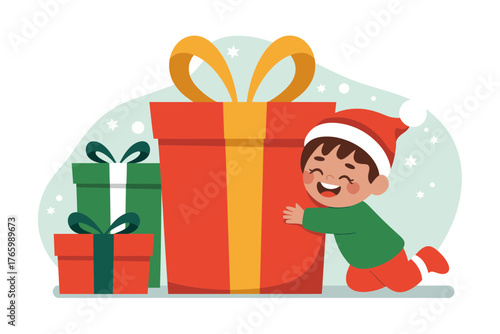 A happy child wearing a Santa hat hugs a large gift box with joy.