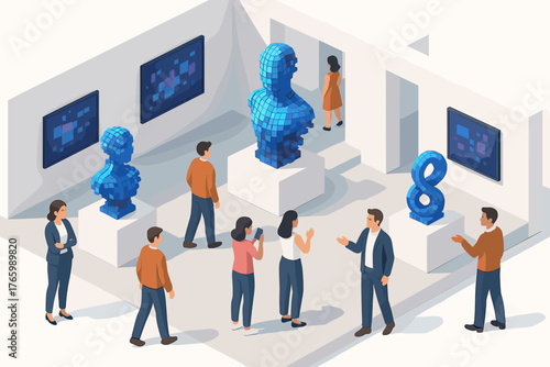 Modern art gallery with pixel sculptures and diverse visitors communicating