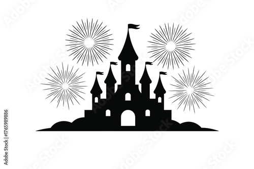 A silhouette of a castle with fireworks in the background represents celebration.