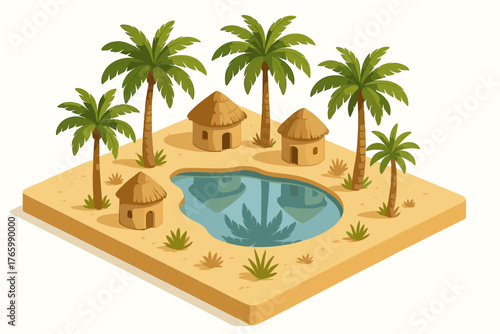 Isometric tropical island oasis with huts and palm trees surrounding a reflective pond