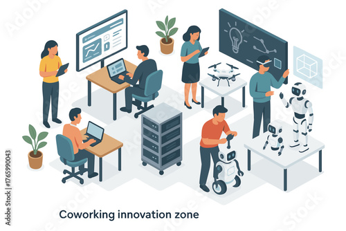 Diverse coworking space with technology and robotics focus