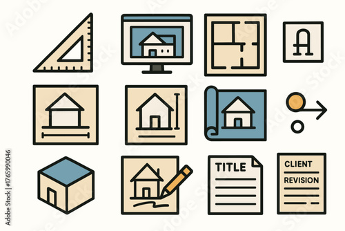 Architectural design icons set including drafting tools and floor plans