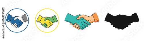 Vector art of diverse handshake illustrations showcase collaboration, agreement, and partnership in various styles and color schemes on transparent background