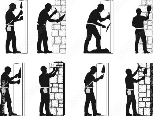 Bricklaying workers silhouettes, construction process, masonry, trowel, mortar, tools, labor, teamwork, building, wall, industry, work
