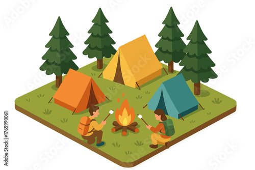 Isometric camping scene with tents, campfire, and two campers in forest setting