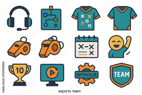 Esports team icons: jerseys, trophies, strategy, headset, gamer, sponsorship