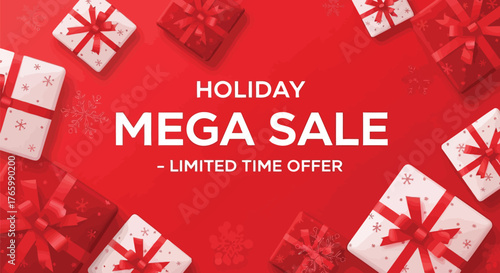 Vector illustration of vibrant red holiday mega sale banner with gift boxes and snowflakes, announcing a limitedtime offer for festive season shopping and promotions