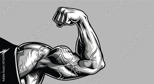 Vector illustration of monochromatic illustration of a muscular arm flexing, showcasing bicep definition and strength, suitable for fitness and bodybuilding themes
