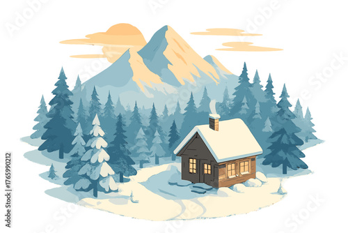 Cozy cabin in snowy mountain forest at sunrise with glowing windows