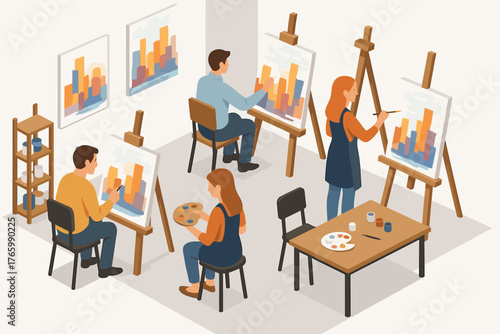 Diverse group engaged in art class workshop painting urban landscapes