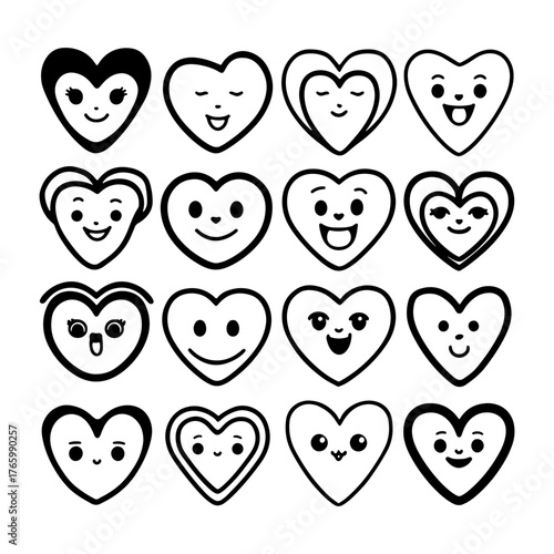 Collection of cute heart-shaped emojis showing various happy facial expressions in black and white design