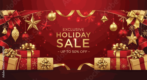 Vector illustration of exclusive holiday sale up to 50 percent off with gifts and festive decorations