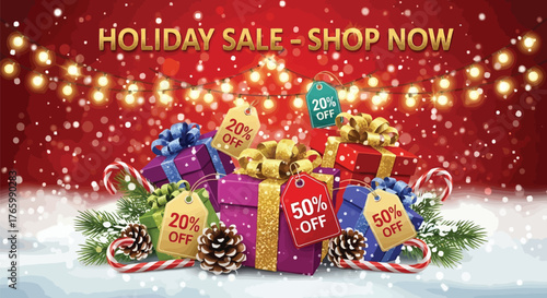 Vector illustration of holiday sale shop now with discounts on gifts, candy canes, and festive lights