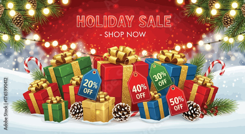 Vector illustration of abundant christmas gift boxes with various discount tags, pine cones, and candy canes, surrounded by festive lights and snow, holiday sale concept