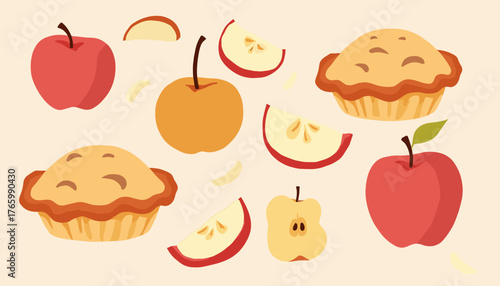 Apple pies and whole apples with slices on a light background