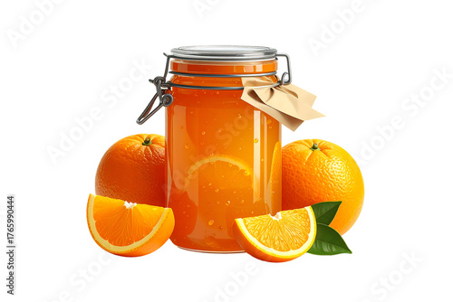 Homemade orange marmalade in clear jar with sliced oranges radiating fresh citrus sweetness and sunlight