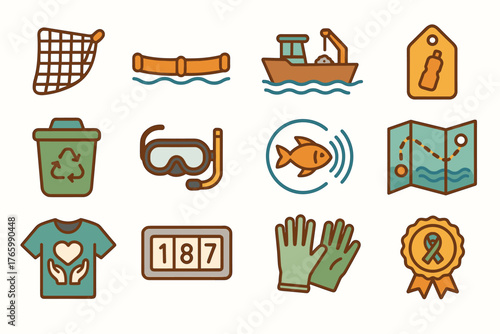 Environmental conservation icons: fishing boat, recycling bin, snorkel, fish, eco map, award ribbon
