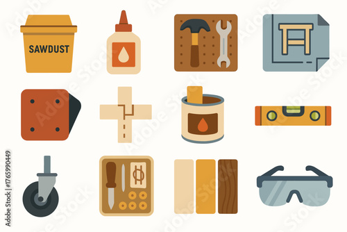 Carpentry tools and accessories icons: glue, hammer, sawdust, wrench, safety glasses