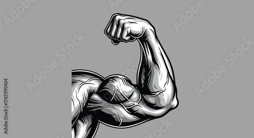 Vector illustration of illustration of a muscular arm flexing, showing biceps and triceps, black and white drawing, symbol of strength and power, fitness and bodybuilding concept
