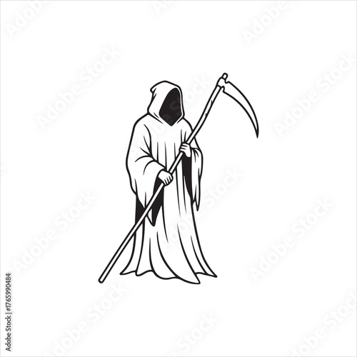 Grim Reaper silhouette holding scythe — spooky death figure illustration, dark hooded specter for horror and tattoo art