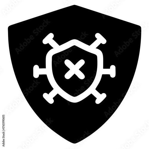 Vector art of black shield with a white virus symbol indicating protection against biological or digital contagion