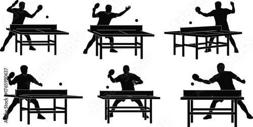 Table tennis players silhouettes in action, ping pong athletes playing match, sports training poses collection, black vector design, cad drawing flat vector illustration