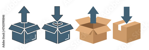 Vector art of illustrations of boxes with arrows indicating upload and download, , representing data transfer and storage processes on transparent background