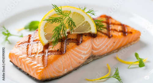 Grilled Salmon with Lemon & Dill – Gourmet Seafood Perfection, Juicy Salmon Fillet Drizzled with Sauce & Fresh Garnish