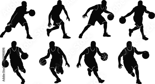 Basketball player silhouettes in motion dribbling ball, sports action poses, athletic man training, basketball movement concept, flat vector illustration design