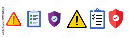 Vector art of safety and compliance icons a visual representation of hazard alerts, checklists, and security shields for various applications on transparent background