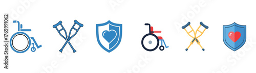 Vector art of disability insurance icons wheelchairs, crutches, and heartprotected shields symbolize care, support, and financial security on transparent background