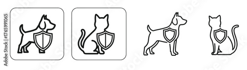 Vector art of pet insurance line art a minimalist depiction of dogs and cats protected by shields, symbolizing coverage and security on transparent background