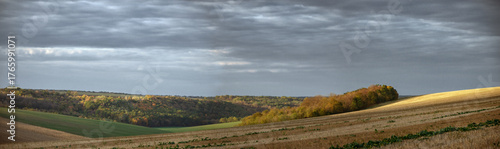 Field, autumn landscape. Endless horizon. Agricultural lands of Ukraine. Panorama.
