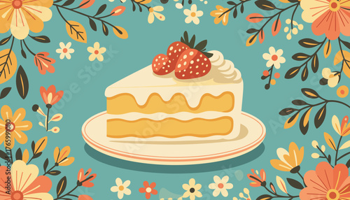 Delicious cake slice with strawberries on a decorative floral napkin