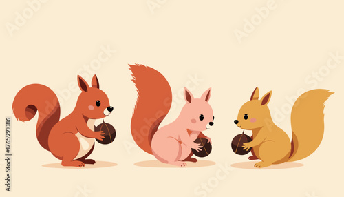 Three cute cartoon squirrels playing with acorns in a playful and cheerful setting