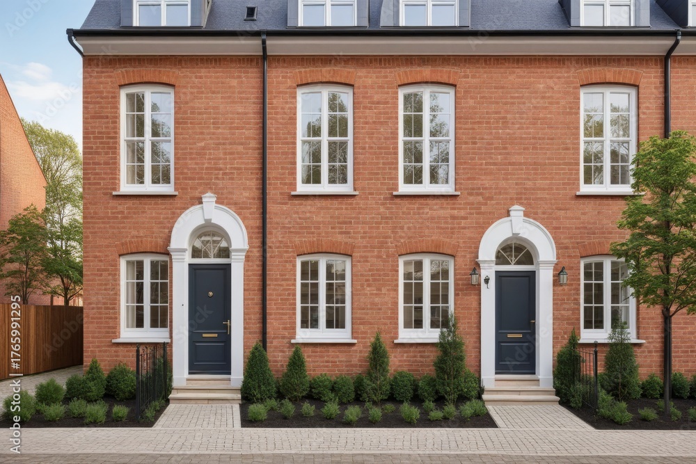 Naklejka premium Reihenhäuser im klassischen roten Ziegelsteinstil mit modernen Details