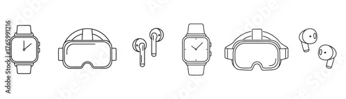 Vector art of minimalist line art of wearable technology, including smartwatch, vr headset, and earbuds in a clean and modern design on transparent background