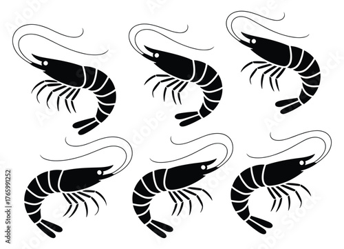Six black shrimp vector illustration scalable graphic design seafood aquatic marine life ocean food ingredient culinary art