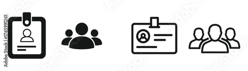 Illustration of employee identification badges and group icons, representing human resources, teamwork, and organizational structure on transparent background