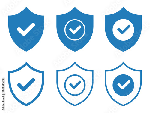 Vector shield icons with checkmarks for security and approval in multiple blue tones