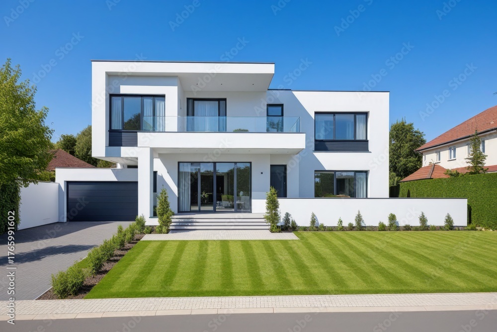 Fototapeta premium Moderne weiße Einfamilienhausfassade mit Solarzellen und gepflegtem Garten