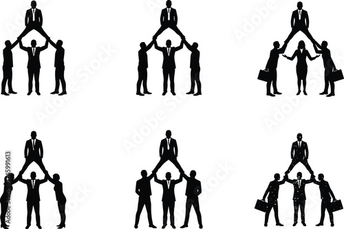 Business teamwork pyramid silhouette, corporate support structure, leadership collaboration concept, unity in workplace, success through cooperation, black vector illustration