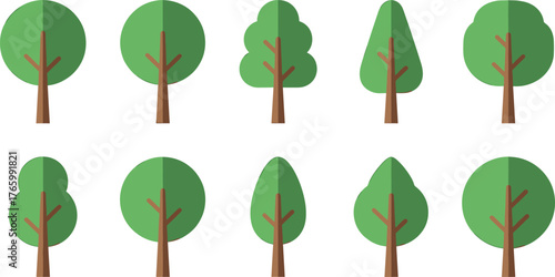 Collection of ten stylized flat design trees with brown trunks and green canopies Keywords: tree, trees, nature, plant, flora, green, brown, trunk, canopy, leaf, foliage, forest, woodland, growth