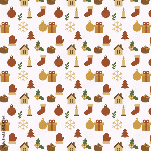 A seamless festive pattern featuring flat Christmas icons such as gifts, snowflakes, ornaments, holly, houses, stockings, and candles in warm earthy tones of green, red, and gold on a white back