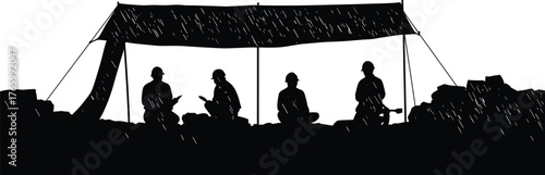 Soldiers under canopy, military camp, teamwork, rain, resilience, helmets, duty, outdoor shelter, equipment, field, army, endurance