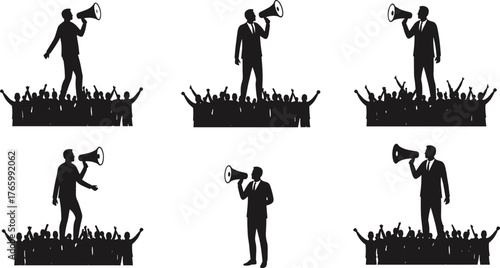 Public rally silhouette, speaker with megaphone addressing crowd, leadership and protest concept, black vector illustration for communication themes