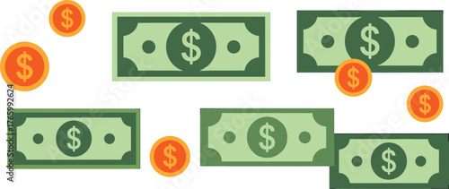 Dollar Bills and Coins Scattered on a White Background Keywords: dollar, money, cash, currency, finance, economy, payment, wealth, investment, savings, banking, business, illustration, icon